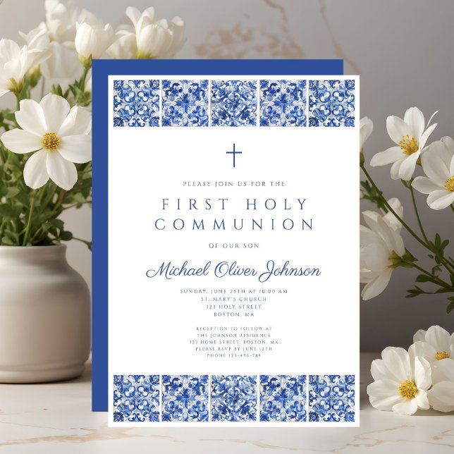 Convite Primeira Comunhão do Elegante Blue Azulejo Boy (Elegant Blue Tiles Boy First Communion Invitation)