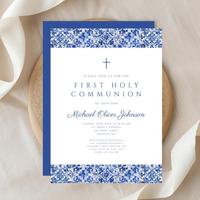 Convite Primeira Comunhão do Elegante Blue Azulejo Boy (Elegant Blue Tiles Boy First Communion Invitation)