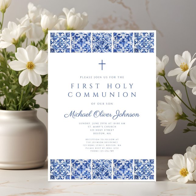 Convite Primeira Comunhão do Elegante Blue Azulejo Boy (Elegant Blue Tiles Boy First Communion Invitation)