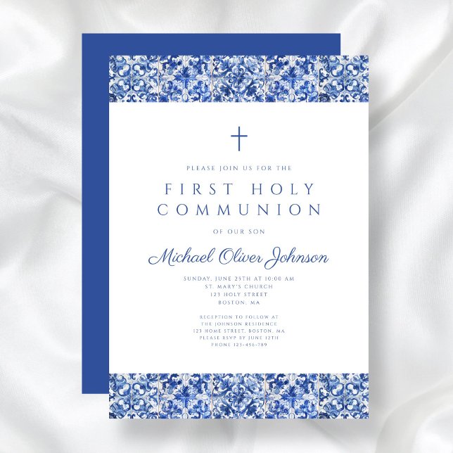 Convite Primeira Comunhão do Elegante Blue Azulejo Boy (Elegant Blue Tiles Boy First Communion Invitation)