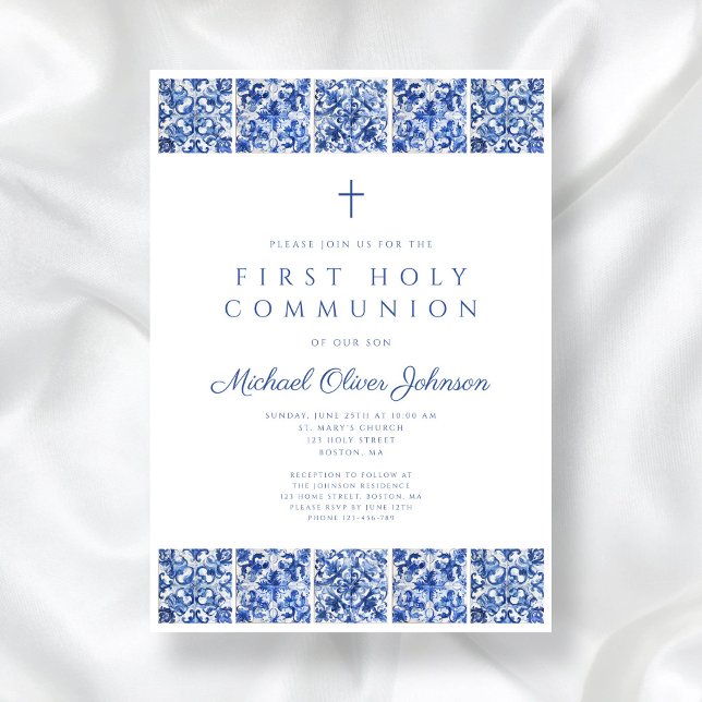 Convite Primeira Comunhão do Elegante Blue Azulejo Boy (Elegant Blue Tiles Boy First Communion Invitation)