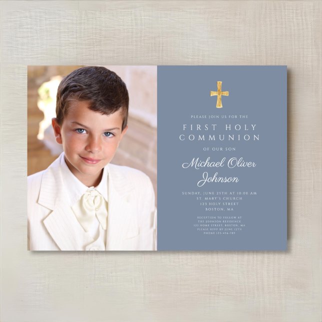 Convite Primeira Comunhão do Elegante Dusty Blue Photo Boy (Elegant Dusty Blue Photo Boy First Communion Invitation)