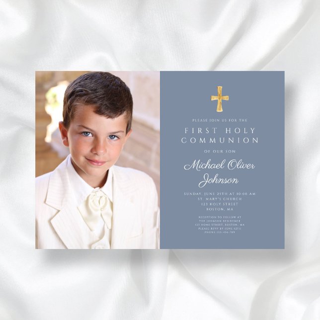 Convite Primeira Comunhão do Elegante Dusty Blue Photo Boy (Elegant Dusty Blue Photo Boy First Communion Invitation)