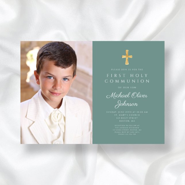 Convite Primeira Comunhão do Elegante Green Photo Boy (Elegant Green Photo Boy First Communion Invitation)
