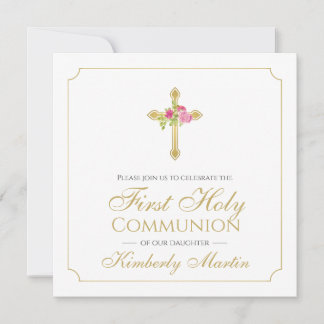 Convite Primeira Comunhão Dourada Cruz Rosas Rosa Cristão