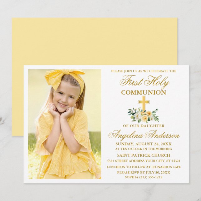 Convite Primeira Comunhão Dourada Watercolor Amarelo (Frente/Verso)
