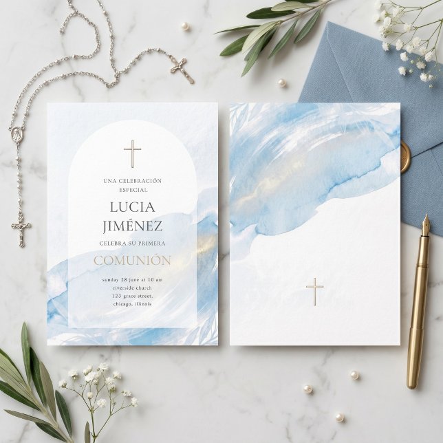 Convite Primeira Comunhão Elegante Arco de Aquarela Azul (Elegant Blue Watercolor First Communion Invitation)