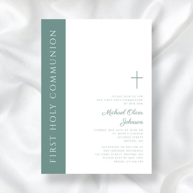 Convite Primeira Comunhão Elegante da Cruz Verde Moderna (Modern Elegant Green Cross First Holy Communion Invitation)