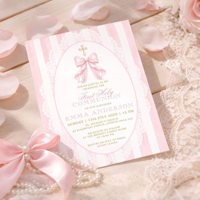 Convite Primeira Comunhão Elegante Laço Rosa (Criador carregado)