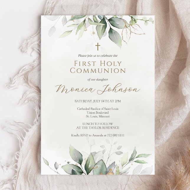 Convite Primeira Comunhão em Aquarela Verde (Greenery Watercolor First Holy Communion Invitation Card)