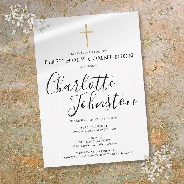 Convite Primeira Comunhão em Preto e Dourado (Black And Gold First Holy Communion Invitation)
