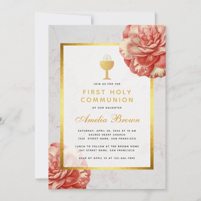 Convite Primeira Comunhão Falso Ouro Floral Camélia Rosa (Frente)