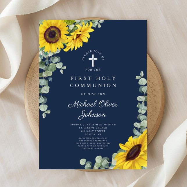 Convite Primeira Comunhão Floral Azul Marinho Moderna (Modern Navy Blue Floral First Holy Communion Invitation)