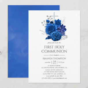 Convite Primeira Comunhão Floral Azul Real e Prata