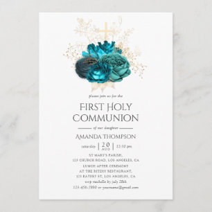 Convite Primeira Comunhão Floral Azul Turquesa e Dourado