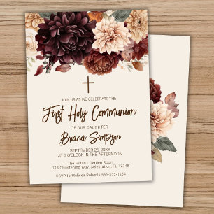 Convite Primeira Comunhão Floral Bege Marrom Marfim