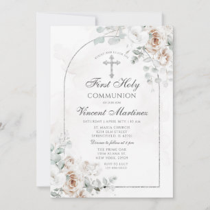 Convite Primeira Comunhão Floral Boho Branco Arco de Prata