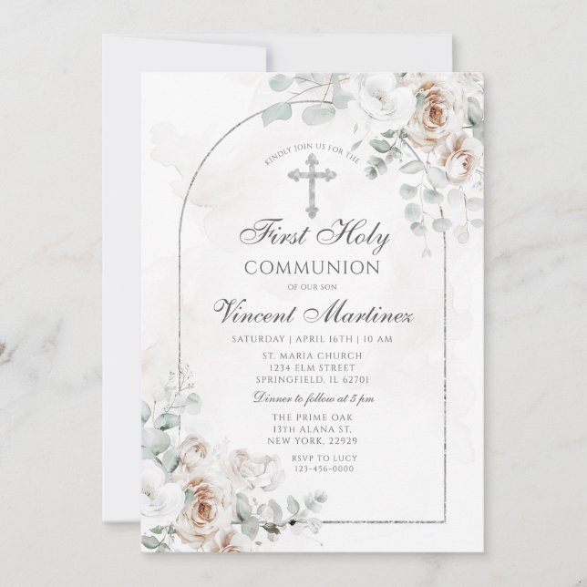 Convite Primeira Comunhão Floral Boho Branco Arco de Prata (Frente)