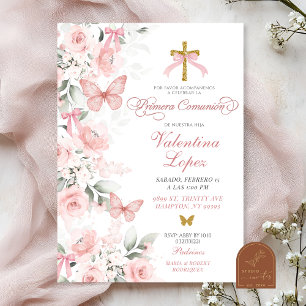 Convite Primeira Comunhão Floral Borboleta Coquete Rosa