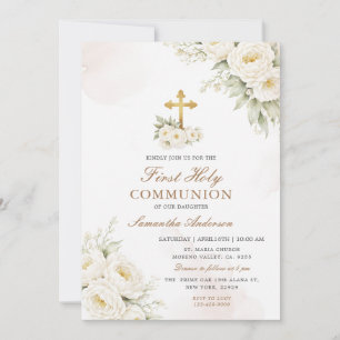 Convite Primeira Comunhão Floral Branco Marfim