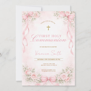 Convite Primeira Comunhão Floral com Laço Rosa Elegante