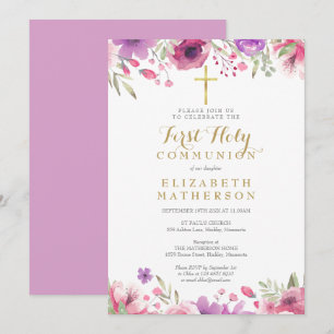 Convite Primeira Comunhão Floral Cruz Dourada