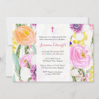 Convite Primeira Comunhão Floral de Watercolor Personaliza