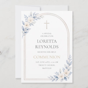 Convite Primeira Comunhão Floral em Azul Elegante com Arco
