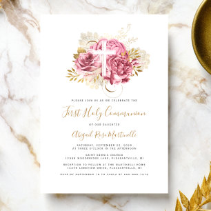Convite Primeira Comunhão Floral em Rosa Dourado Foto