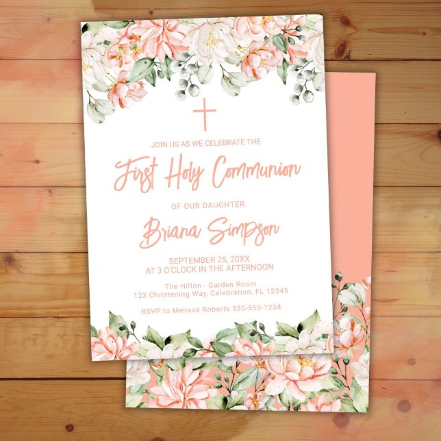 Convite Primeira Comunhão Floral Marfim Bege Rosa (Criador carregado)