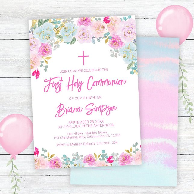 Convite Primeira Comunhão Floral Rosa Azul Bege Roxo (Criador carregado)