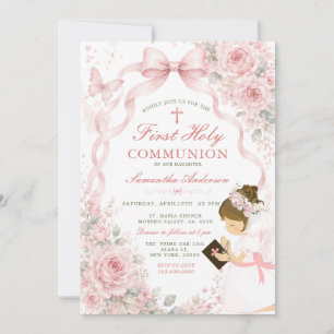 Convite Primeira Comunhão Floral Rosa com Cruz de Menina