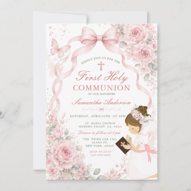 Convite Primeira Comunhão Floral Rosa com Cruz de Menina (Frente)