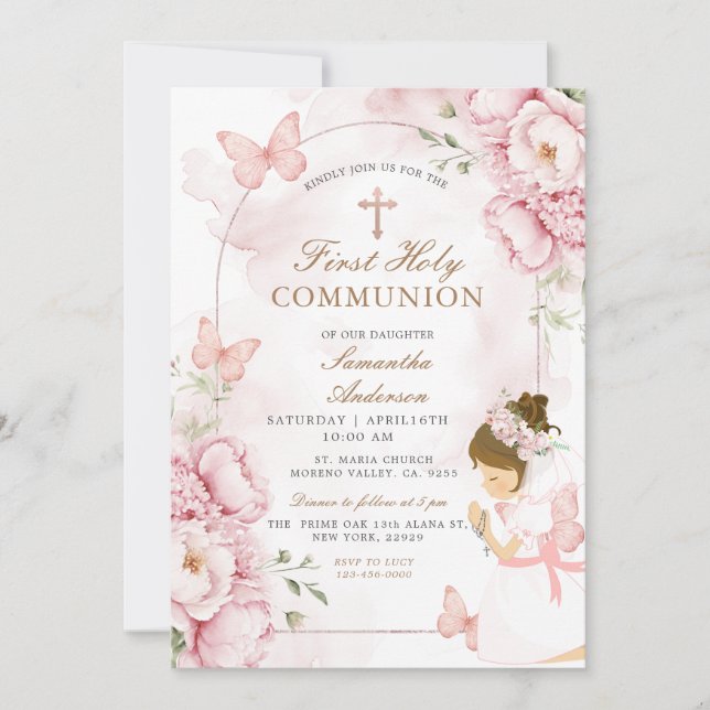 Convite Primeira Comunhão Floral Rosa com Menina (Frente)