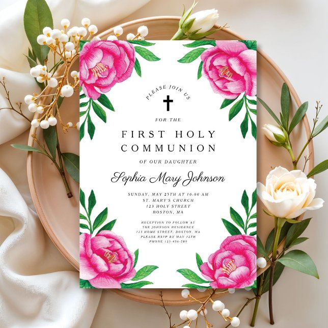Convite Primeira Comunhão Floral Rosa Elegante (Elegant Pink Floral First Communion Invitation)