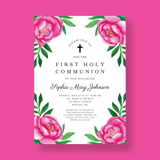 Convite Primeira Comunhão Floral Rosa Elegante (Elegant Pink Floral First Communion Invitation)