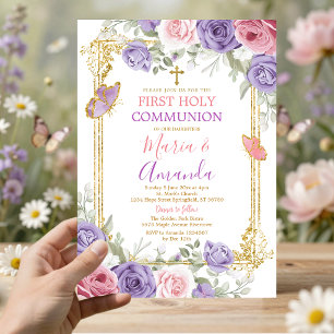 Convite Primeira Comunhão Floral Rosa Roxo Cruz Dourada