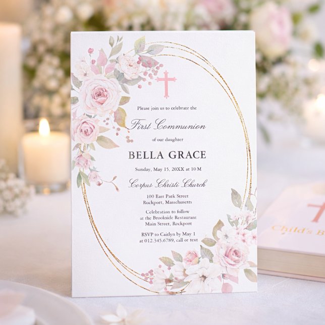 Convite Primeira Comunhão Floral Rosa Rústico (Criador carregado)