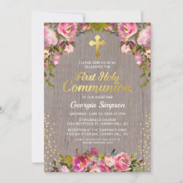 Convite Primeira Comunhão Floral Rosa Rústico