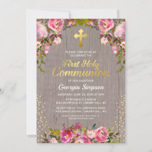 Convite Primeira Comunhão Floral Rosa Rústico