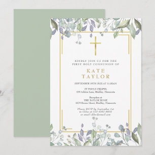 Convite Primeira Comunhão Floral Verdejante Cruz Dourada