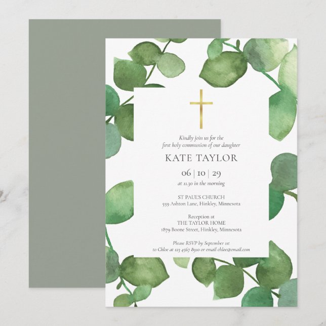 Convite Primeira Comunhão Folhagem Eucalipto (Frente/Verso)