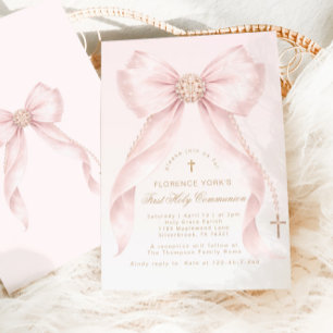 Convite Primeira Comunhão Holly com Laço Rosa Beijo Dourad