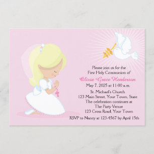 Convite Primeira Comunhão, Loura Menina, Rosa
