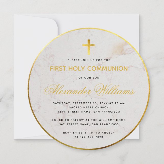 Convite Primeira Comunhão Mármore Rótulo Folha Dourada Fal (Frente)