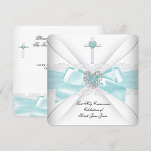 Convite Primeira Comunhão Menina Azul Teal Coração Branco