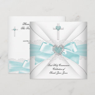 Convite Primeira Comunhão Menina Azul Turquesa Coração Bra
