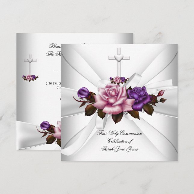 Convite Primeira Comunhão Menina Branco Prata Rosa Roxo (Frente/Verso)