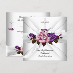 Convite Primeira Comunhão Menina Branco Prata Rosa Roxo