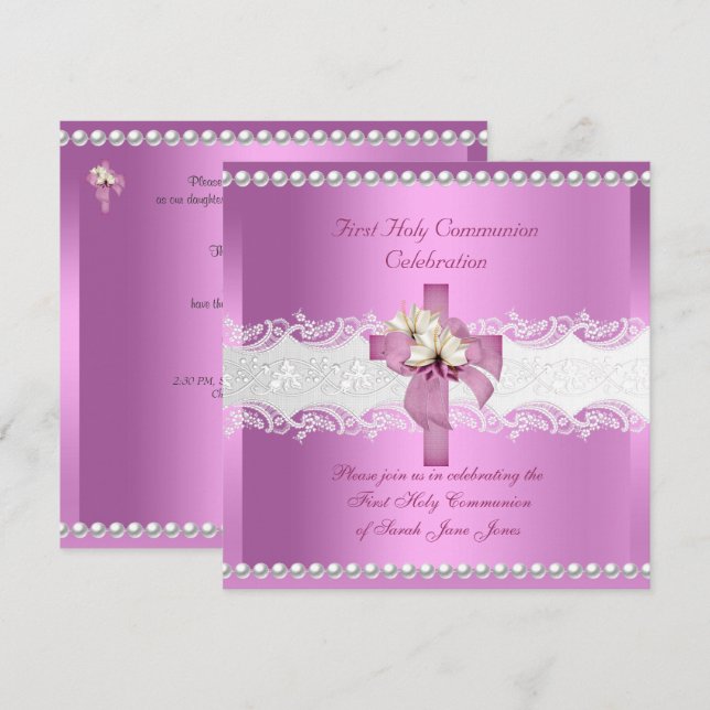 Convite Primeira Comunhão Menina Branco Renda Pérola Rosa (Frente/Verso)